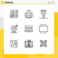 ensemble de pictogrammes de 9 contours simples d'éléments de conception vectoriels modifiables de cible de réalisation de nourriture de flèche d'ordinateur portable vecteur