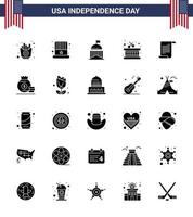 25 pack de glyphes solides des états-unis de signes et symboles de la fête de l'indépendance des bâtons de texte vecteur