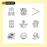 9 icônes créatives pour la conception de sites Web modernes et des applications mobiles réactives 9 signes de symboles de contour sur fond blanc 9 pack d'icônes vecteur