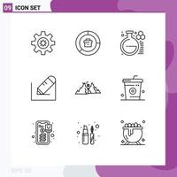 ensemble moderne de 9 contours pictogramme d'éléments de conception vectoriels modifiables au crayon de texte de chimie de l'école de paysage vecteur