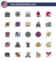 joyeux jour de l'indépendance 4 juillet ensemble de 25 lignes remplies à plat pictogramme américain de football plent capitol usa fleur modifiable usa day vector design elements