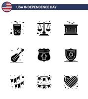 4 juillet usa joyeux jour de l'indépendance icône symboles groupe de 9 glyphes solides modernes des états-unis tambour américain usa guiter modifiable usa day vector design elements