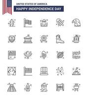 joyeux jour de l'indépendance 25 lignes pack d'icônes pour le web et l'impression oiseau usa bâtiment américain glace modifiable usa day vector design elements