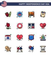 pack de 16 signes de lignes remplies de célébration de la fête de l'indépendance des états-unis et symboles du 4 juillet tels que les portes de fleurs des états-unis faire-part de mariage modifiables éléments de conception vectorielle de la journée des états-unis vecteur