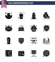 groupe de 16 glyphes solides définis pour le jour de l'indépendance des états-unis d'amérique tels que tambour citrouille bâtiment nourriture argent modifiable usa day vector design elements