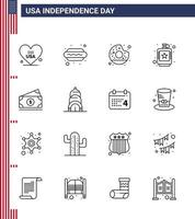 usa joyeux jour de l'indépendancepictogramme ensemble de 16 lignes simples d'éléments de conception de vecteur alcoolique modifiable usa day donut flacon