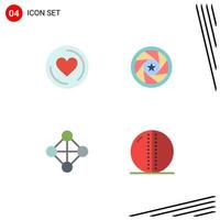 groupe de 4 icônes plates modernes définies pour les éléments de conception vectoriels modifiables de balle de cricket de film d'ouverture de réseau cardiaque vecteur