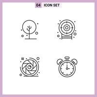 ensemble moderne de 4 pictogrammes de couleurs plates remplies d'éléments de conception vectoriels modifiables d'alarme de cible de nature d'obturateur de caméra agricole vecteur
