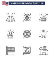 joyeux jour de l'indépendance 4 juillet ensemble de 9 lignes pictogramme américain d'oiseau trophée jour prix indépendance modifiable usa day vector design elements