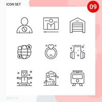pack vectoriel de 9 icônes dans le pack de contour créatif de style ligne isolé sur fond blanc pour le web et mobile