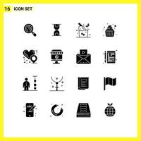 16 pack de glyphes solides de l'interface utilisateur de signes et symboles modernes de l'emplacement de l'amour en ligne boisson amour enfant éléments de conception vectoriels modifiables vecteur