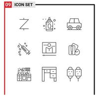 groupe de 9 contours modernes définis pour les éléments de conception vectoriels modifiables de seringue de traitement de voiture de diffusion médiatique vecteur
