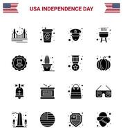 ensemble de 16 pack de glyphes solides modernes le jour de l'indépendance des états-unis usa boisson homme verre barbecue modifiable usa day vector design elements