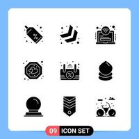 9 symboles de glyphe de pack d'icônes noires solides pour les applications mobiles isolés sur fond blanc 9 icônes définies vecteur
