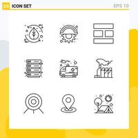aperçu de l'interface mobile ensemble de 9 pictogrammes d'éléments de conception vectorielle modifiables de disposition de crémaillère de serveur de voiture vecteur