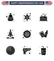 9 pack de glyphes solides des états-unis de signes et symboles de la fête de l'indépendance du lanceur de vaisseau spatial à tambour de transport américain modifiables éléments de conception vectorielle de la journée des états-unis vecteur