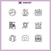 aperçu de l'interface mobile ensemble de 9 pictogrammes d'éléments de conception vectoriels modifiables de graphique de bâtiment de microscope de bureau vecteur