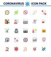 25 ensemble de couleurs plates d'icônes épidémiques de virus corona telles que la signalisation de frein sras scientifique interdit coronavirus viral 2019nov éléments de conception de vecteur de maladie