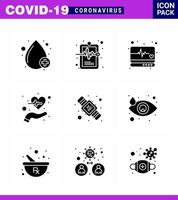 ensemble d'icônes covid19 pour l'infographie 9 pack noir de glyphes solides tels que les mains hygiène vie urgence santé battre coronavirus viral 2019nov éléments de conception de vecteur de maladie