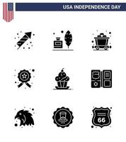 pack de 9 signes de glyphes solides de célébration de la fête de l'indépendance des états-unis et symboles du 4 juillet tels que le chariot de gâteau muffin police enquêtant sur des éléments de conception vectoriels modifiables de la journée des états-unis vecteur