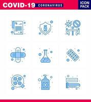 9 pack d'icônes coronavirus covid19 bleu tel que la fiole scientifique interdit l'aide aux blessures coronavirus viral 2019nov éléments de conception de vecteur de maladie