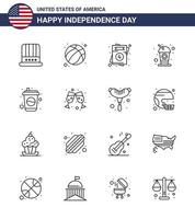 usa joyeux jour de l'indépendancepictogramme ensemble de 16 lignes simples d'invitation de soda au vin bouteille de boisson modifiable usa day vector design elements