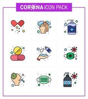 9 ligne remplie plat couleur coronavirus épidémie pack d'icônes sucer comme tablette médicament bouteille médicament laver coronavirus viral 2019nov maladie vecteur éléments de conception