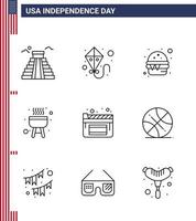 ensemble de 9 icônes de la journée des états-unis symboles américains signes de la fête de l'indépendance pour les films de backetball cinéma rapide barbecue éléments de conception vectoriels modifiables de la journée des états-unis vecteur
