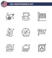 9 signes de ligne pour le jour de l'indépendance des états-unis ballon drapeau de vin jus d'alcool éléments de conception de vecteur de jour des états-unis modifiables