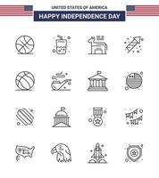 16 usa ligne pack de signes et symboles de la fête de l'indépendance de balle vacances âne feux d'artifice célébration modifiable usa day vector design elements