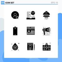 ensemble moderne de 9 glyphes et symboles solides tels que les éléments de conception vectoriels modifiables de la batterie d'électricité de l'espace d'énergie web vecteur