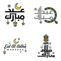 pack de 4 vecteurs de texte de calligraphie arabe avec la lune et les étoiles de l'aïd moubarak pour la célébration du festival de la communauté musulmane vecteur