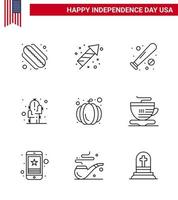 pack de 9 lignes de célébration de la fête de l'indépendance des états-unis et symboles du 4 juillet tels que citrouille désert plante de baseball cactus éléments de conception vectoriels modifiables de la journée des états-unis vecteur