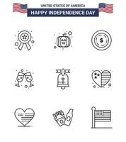 9 signes de ligne pour le jour de l'indépendance des états-unis coeur dollar américain anneau verre à vin modifiable usa day vector design elements