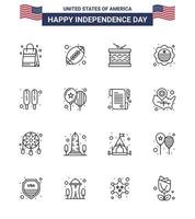 joyeux jour de l'indépendance pack de 16 lignes signes et symboles pour corn dog drapeau international tambour drapeau st modifiable usa day vector design elements