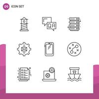 9 ensemble de contours d'interface utilisateur de signes et symboles modernes de téléphone mobile hébergeant des éléments de conception vectoriels modifiables par courrier électronique vecteur