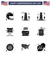 pack de 9 glyphes solides liés à la fête de l'indépendance des états-unis créatifs de gâteau télévision vue star directeur modifiables éléments de conception vectorielle de la journée des états-unis vecteur