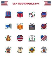 paquet de ligne remplie à plat de 16 symboles de la fête de l'indépendance des états-unis de signe de carte guirlande de bouclier américain modifiable éléments de conception vectorielle de la journée des états-unis vecteur