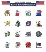 ensemble de 16 icônes de la journée des états-unis symboles américains signes de la fête de l'indépendance pour le feu chapeau de construction des états-unis américain modifiable éléments de conception de vecteur de la journée des états-unis