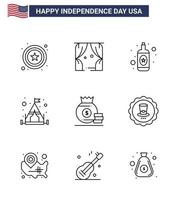 9 icônes créatives des états-unis signes d'indépendance modernes et symboles du 4 juillet de la tente de sac de bouteille d'argent en verre éléments de conception vectoriels modifiables de la journée des états-unis vecteur