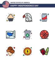 joyeux jour de l'indépendance 9 lignes plates remplies pack d'icônes pour le web et l'impression cola usa bière unie carte modifiable usa day vector design elements