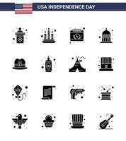 pack de glyphes solides de 16 symboles de la fête de l'indépendance des états-unis du calendrier des chapeaux américains états-unis indianapolis éléments de conception vectoriels modifiables de la journée des états-unis vecteur