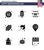 joyeux jour de l'indépendance pack de 9 signes et symboles de glyphes solides pour la décoration de fête de match américain états de feu modifiables éléments de conception de vecteur de jour des états-unis