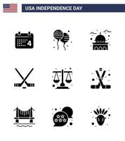 joyeux jour de l'indépendance usa pack de 9 glyphes solides créatifs de bâtiment de sport de cour glace sport blanc modifiable usa day vector design elements