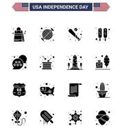 ensemble moderne de 16 glyphes et symboles solides le jour de l'indépendance des états-unis tels que le drapeau hot-dog party corn dog sports modifiables usa day vector design elements