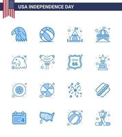 ensemble moderne de 16 blues et symboles le jour de l'indépendance des états-unis tels que le camp blanc d'oiseau usa house modifiable usa day vector design elements