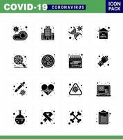 ensemble d'icônes covid19 pour l'infographie 16 pack noir de glyphes solides tels que rester à la maison événement santé risque brin coronavirus viral 2019nov éléments de conception de vecteur de maladie