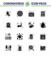 icône de conseils de précaution contre les coronavirus pour la présentation des directives de soins de santé 16 pack d'icônes noires de glyphe solide tel que le presse-papiers graphique de l'hôpital science santé médical coronavirus viral 2019nov maladie ve vecteur