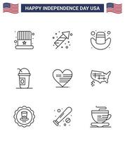 joyeux jour de l'indépendance usa pack de 9 lignes créatives d'éléments de conception de vecteur américain coeur américain états américains modifiables