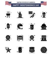 joyeux jour de l'indépendance usa pack de 16 glyphes solides créatifs de popsicle soda drapeau bouteille de boisson modifiable usa day vector design elements